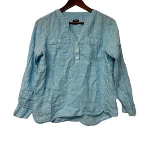 Talbots Washed 100% Linen Blue Tunic Top blouse size MP Resort Vacation Luxe